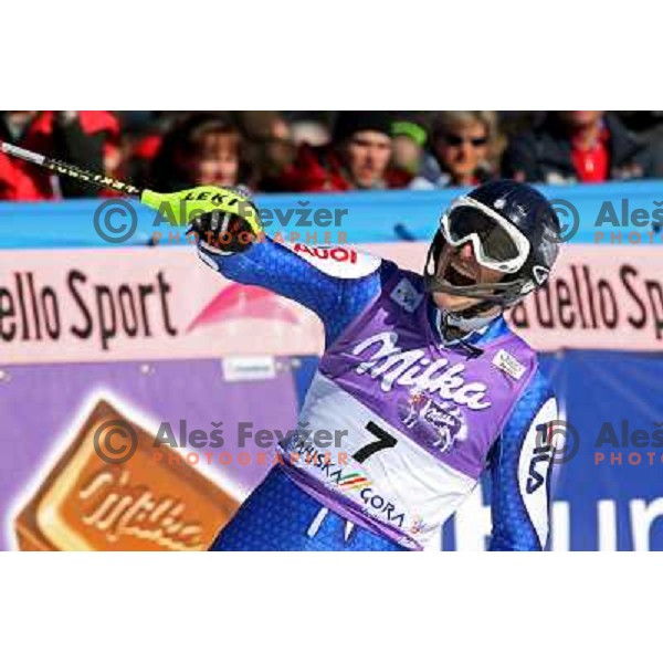 Manfred Moelgg celebrating in second run of FIS Vitranc world cup slalom race in Kranjska Gora, Slovenia