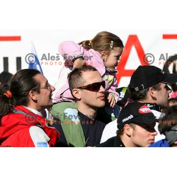 Jure Kosir with dautgher Alina watching second run of FIS Vitranc world cup slalom race in Kranjska Gora, Slovenia