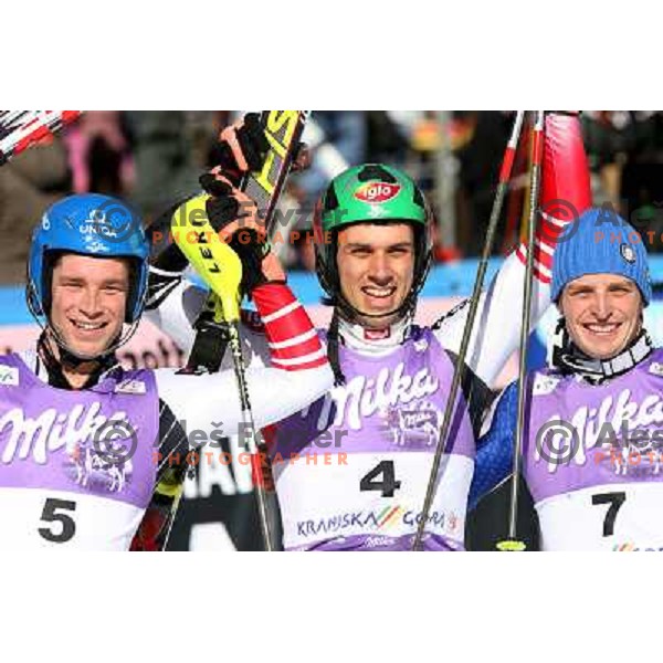 Raich (5) Matt (4) and Moelgg (7)after second run of FIS Vitranc world cup slalom race in Kranjska Gora, Slovenia