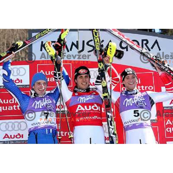 Moelgg, Matt and Raich at winners poduim at FIS Vitranc world cup slalom race in Kranjska Gora, Slovenia