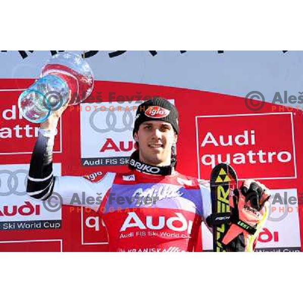 Mario Matt with winners trophy at FIS Vitranc world cup slalom race in Kranjska Gora, Slovenia