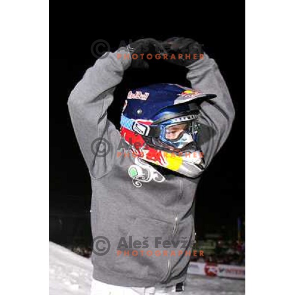 Heath Frisby salutes the crowd at Red Bull snowmobile show HIT Ski Legends Challenge Race in Kranjska gora, Slovenia hosted by Jure Kosir