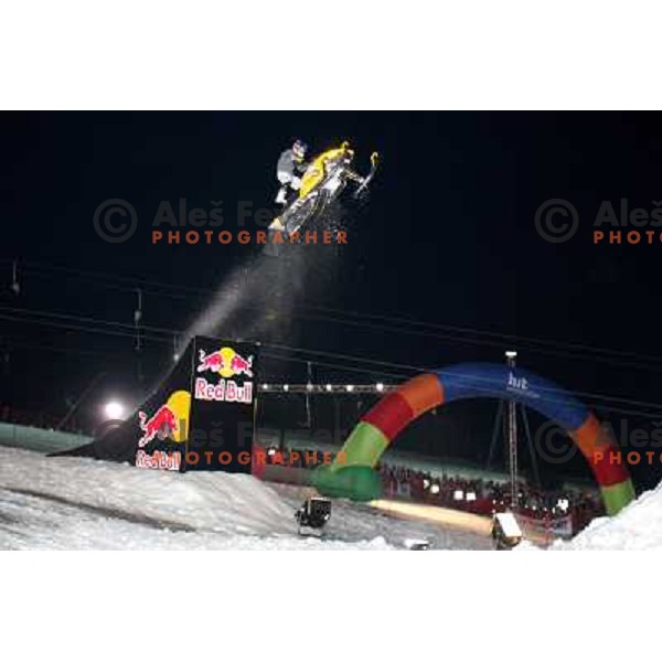 Heath Frisby at Red Bull snowmobile show HIT Ski Legends Challenge Race in Kranjska gora, Slovenia hosted by Jure Kosir