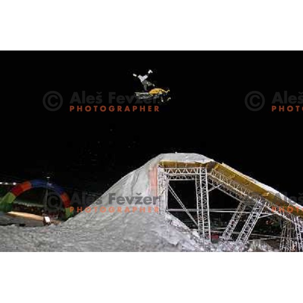 Heath Frisby in the air at Red Bull snowmobile show HIT Ski Legends Challenge Race in Kranjska gora, Slovenia hosted by Jure Kosir