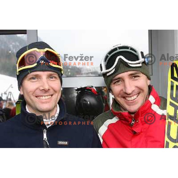 Gregor Grilc and Matjaz Vrhovnik among Ski racers and VIP skiers in hotel Larix before the start second HIT Ski Legends Race in Kranjska gora, Slovenia