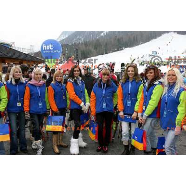 HIT girls outside hotel Larix before the start second HIT Ski Legends Race in Kranjska gora, Slovenia