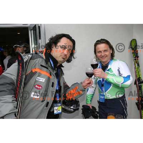 Jernej Kuntner and Matjaz Jelen among Ski racers and VIP skiers in hotel Larix before the start second HIT Ski Legends Race in Kranjska gora, Slovenia