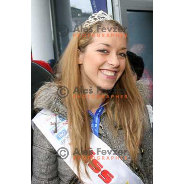 Miss among Ski racers and VIP skiers in hotel Larix before the start second HIT Ski Legends Race in Kranjska gora, Slovenia
