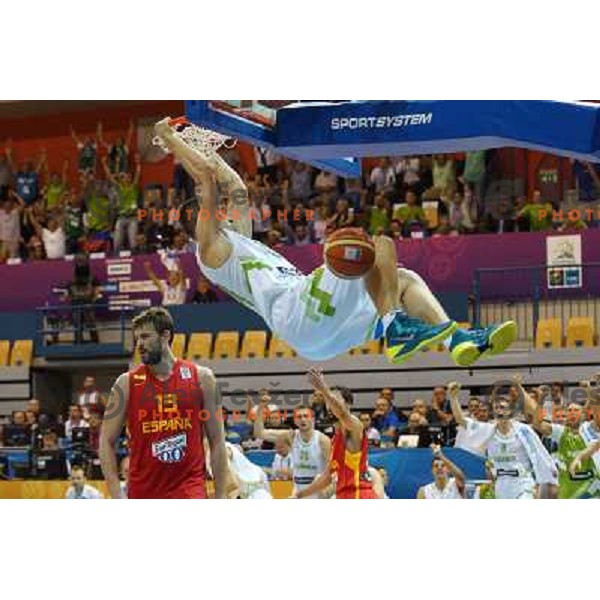 Mirza Begic of Slovenia dunks at basketball match Slovenia-Spain in Preliminary round group C of Eurobasket 2013, played in Arena Zlatorog , Celje, Slovenia on September 5, 2013 