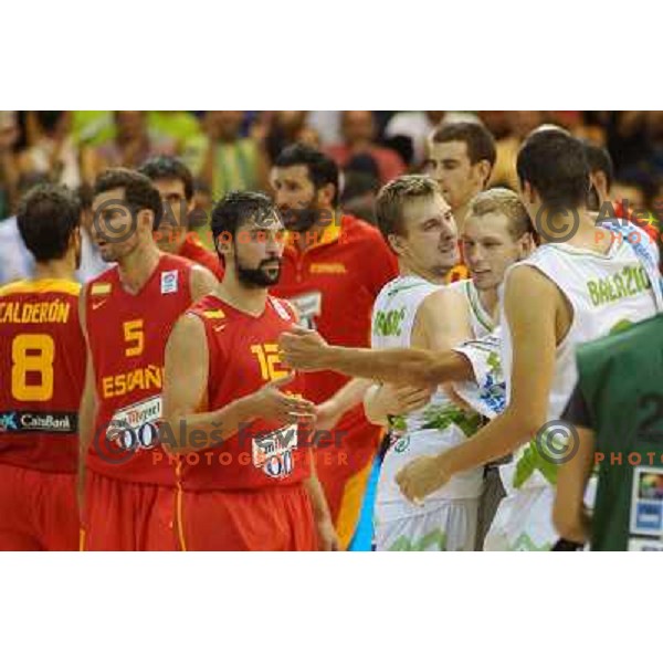 Zoran Dragic, Jaka Blazic of Slovenia celebrate victory at basketball match Slovenia-Spain in Preliminary round group C of Eurobasket 2013, played in Arena Zlatorog , Celje, Slovenia on September 5, 2013 