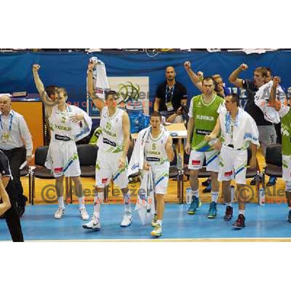 Jaka Blazic, Bostjan Nachbar, Jaka Lakovic of Slovenia in action during basketball match Slovenia-Spain in Preliminary round group C at EuroBasket 2013, played in Arena Zlatorog, Celje, Slovenia on September 5, 2013 
