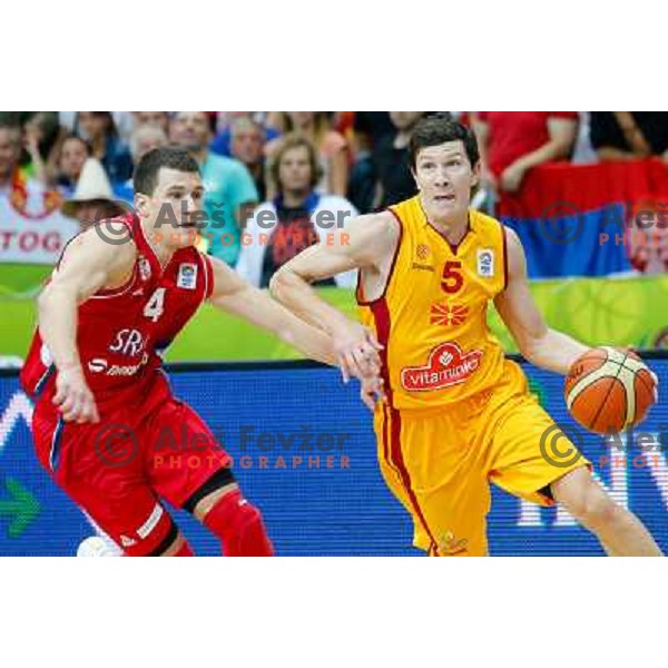 Nemanja Nedovic of Serbia and Vlado Ilievski Macedonia during basketball match Serbia and Macedonia in Preliminary round group B at EuroBasket 2013, played in Arena Podmezakla on September 6th, Jesenice, Slovenia 