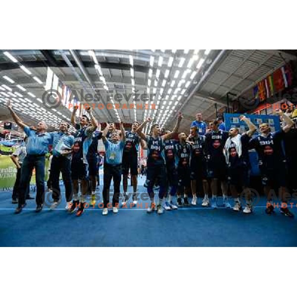 Team of Bosnia and Hercegovina celebrate during basketball match between Montenegro and Bosnia and Hercegovina in Preliminary round group B at EuroBasket 2013, played in Arena Podmezakla on September 6th, Jesenice, Slovenia 