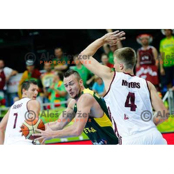 Donatas Motiejunas of Lithuania and Martins Meiers of Latvia during basketball match between Latvia and Lithuania in Preliminary round group B at EuroBasket 2013, played in Arena Podmezakla on September 6th, Jesenice, Slovenia 