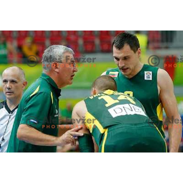 Jonas Kazlauskas, head coach of Lithuania and Jonas Valanciunas of Lithuania during basketball match between Latvia and Lithuania in Preliminary round group B at EuroBasket 2013, played in Arena Podmezakla on September 6th, Jesenice, Slovenia 
