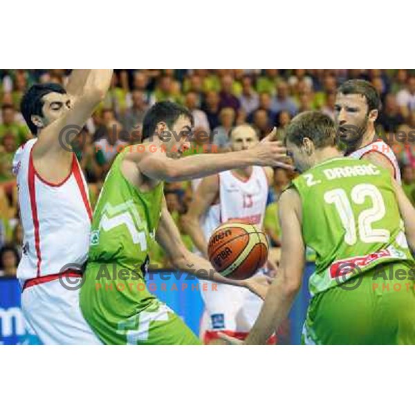 Mirza Begic, Zoran Dragic of Slovenia in action during basketball match Slovenia-Georgia in Preliminary Round Group C of Eurobasket 2013, played at Arena Zllatorog, Celje, Slovenia on September 7, 2013 