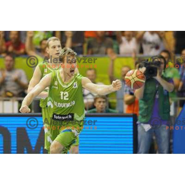 Zoran Dragic and Slovenia players celebrate victoy at basketball match Slovenia-Georgia in Preliminary Round Group C of Eurobasket 2013, played at Arena Zllatorog, Celje, Slovenia on September 7, 2013 