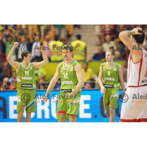 Zoran Dragic and Slovenia players celebrate victoy at basketball match Slovenia-Georgia in Preliminary Round Group C of Eurobasket 2013, played at Arena Zllatorog, Celje, Slovenia on September 7, 2013 