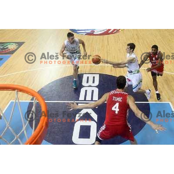 Gasper Vidmar and Goran Dragic of Slovenia in action during basketball match Slovenia-Croatia in preliminary round group C of Eurobasket 2013, played in Arena Zlatorog in Celje, Slovenia on September 8, 2013 