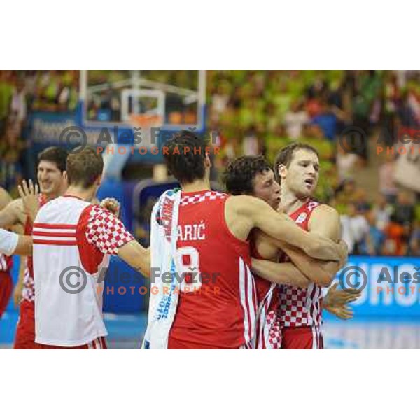 Players of Croatia celebrate victory at basketball match Slovenia vs Croatia in preliminary round group C of Eurobasket 2013, played in Arena Zlatorog in Celje, Slovenia on September 8, 2013 