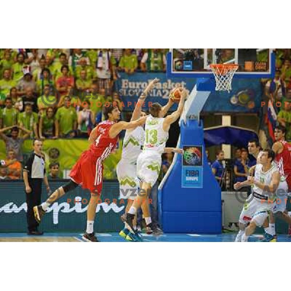 Domen Lorbek of Slovenia and Ante Tomic of Croatia at basketball match Slovenia vs Croatia in preliminary round group C of Eurobasket 2013, played in Arena Zlatorog in Celje, Slovenia on September 8, 2013 