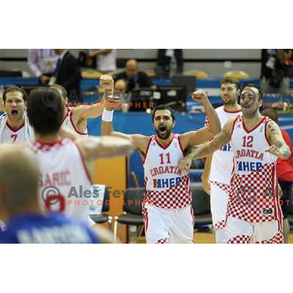 Players of Croatia celebrate victory at basketball match Czech Republic vs Croatia in preliminary round group C of Eurobasket 2013, played in Arena Zlatorog in Celje, Slovenia on September 9, 2013 