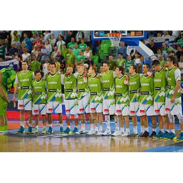 Team of Slovenia at basketball match Slovenia-Italy in main round group F of Eurobasket 2013, played in Arena Stozice in Ljubljana, Slovenia on September 12, 2013 