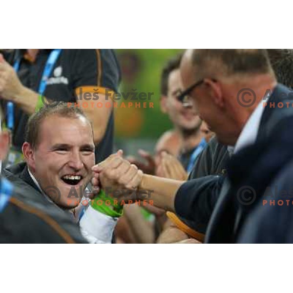 Matej Avanzo of Slovenia celebrates victory at basketball match Slovenia-Italy in second round group F of Eurobasket 2013, played in Arena Stozice in Ljubljana, Slovenia on September 12, 2013 