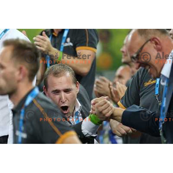 Matej Avanzo of Slovenia celebrates victory at basketball match Slovenia-Italy in second round group F of Eurobasket 2013, played in Arena Stozice in Ljubljana, Slovenia on September 12, 2013 