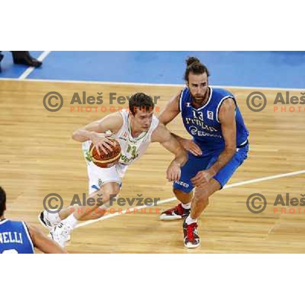 Goran Dragic of Slovenia and Luigi Datome of Italy in action during basketball match Slovenia-Italy in second round group F of Eurobasket 2013, played in Arena Stozice in Ljubljana, Slovenia on September 12, 2013 