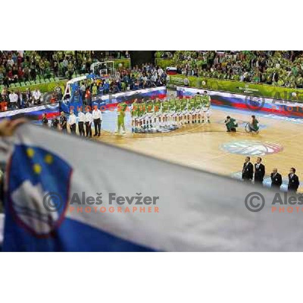 Team of Slovenia in action during basketball match Slovenia-Italy in second round group F of Eurobasket 2013, played in Arena Stozice in Ljubljana, Slovenia on September 12, 2013 
