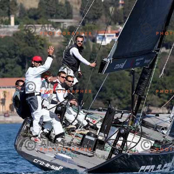 Cro-a-sail team salutes Team 44 with Black Beauty (RC 44 yacht by Russell Coutts) first time on the water in Portorose, Slovenia