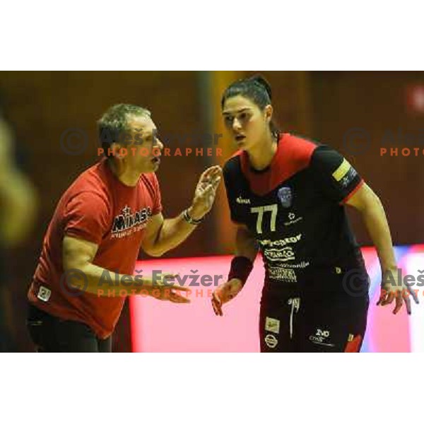 Tone Tiselj, Headcoach and Maria Patricia Vizitiu of Krim Mercator in action during handball match between RK Krim Mercator and Hypo at 10. Memorial of Vinka Kandije, played in Galjevica Hall on September 20, Ljubljana, Slovenia 