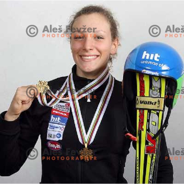 Ilka Stuhec with medals from World Ski Junior Championships in Flachau, Austria March 12,2007