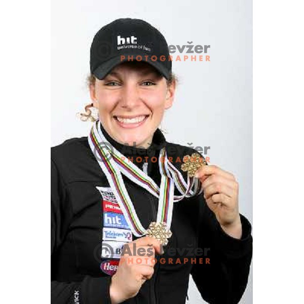 Ilka Stuhec with medals from World Ski Junior Championships in Flachau, Austria March 12,2007