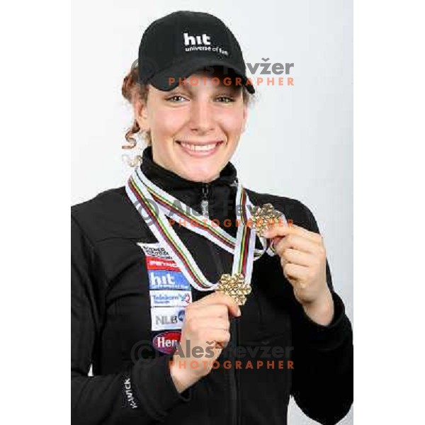 Ilka Stuhec with medals from World Ski Junior Championships in Flachau, Austria March 12,2007