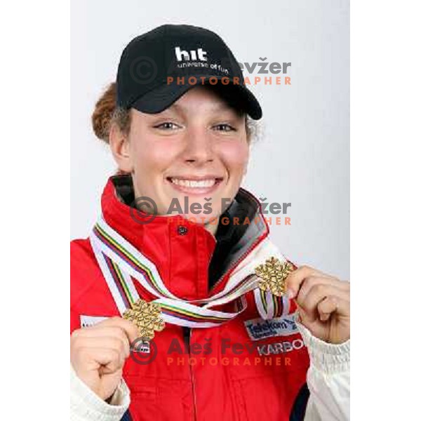 Ilka Stuhec with medals from World Ski Junior Championships in Flachau, Austria March 12,2007