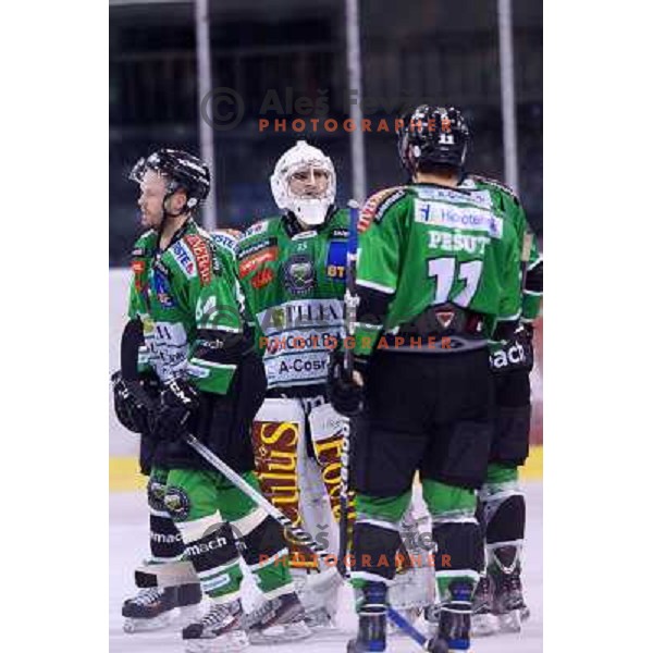 Andrej Hebar, Jerry Kuhn of Telemach Olimpija in action during ice-hockey match Telemach Olimpija- KAC in round 4 of Ebel league 2013/2014, played in Hala Tivoli, Ljulbjana, Slovenia on September 27,2013 