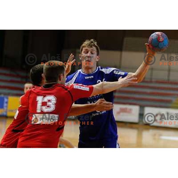 Lucijan Fizuleto of Sevnica in action during handball match between RD Slovan and RK Sevnica, played in Kodeljevo Hall, Ljubljana, Slovenia on October 5, 2013