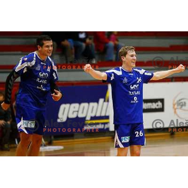 Team of Sevnica celebrate during handball match between RD Slovan and RK Sevnica, played in Kodeljevo Hall on October 5, Ljubljana, Slovenia 