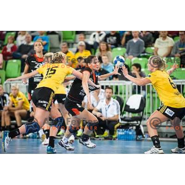  Andjela Bulatovic in action during handball match Krim Mercator - IK Savehof in EHF Women\'s Champions league, played in Arena Stozice, Ljubljana, Slovenia on October 05, 2013 