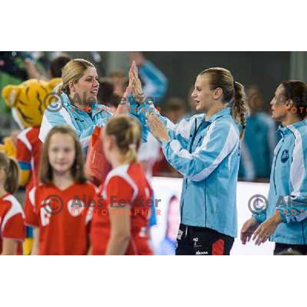 Misa Marincek, Barbara Lazovic in action during handball match Krim Mercator - IK Savehof in EHF Women\'s Champions league, played in Arena Stozice, Ljubljana, Slovenia on October 05, 2013 