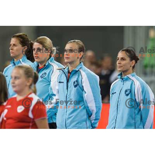 Misa Marincek, Barbara Lazovic, Andjela Bulatovic in action during handball match Krim Mercator - IK Savehof in EHF Women\'s Champions league, played in Arena Stozice, Ljubljana, Slovenia on October 05, 2013 