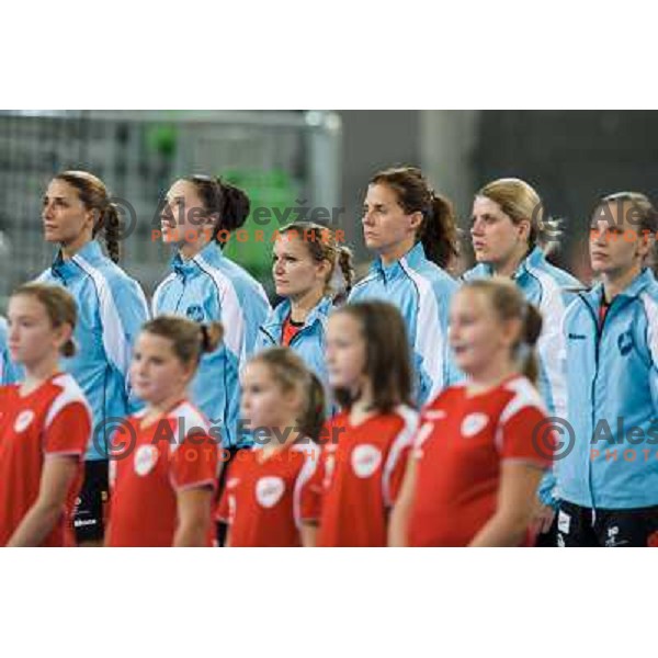 Talida Tolnai , Neli Irman in action during handball match Krim Mercator - IK Savehof in EHF Women\'s Champions league, played in Arena Stozice, Ljubljana, Slovenia on October 05, 2013 