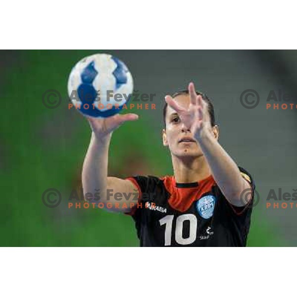 Andjela Bulatovic in action during handball match Krim Mercator - IK Savehof in EHF Women\'s Champions league, played in Arena Stozice, Ljubljana, Slovenia on October 05, 2013 