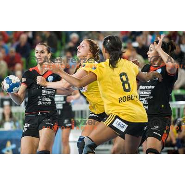 Andjela Bulatovic in action during handball match Krim Mercator - IK Savehof in EHF Women\'s Champions league, played in Arena Stozice, Ljubljana, Slovenia on October 05, 2013 