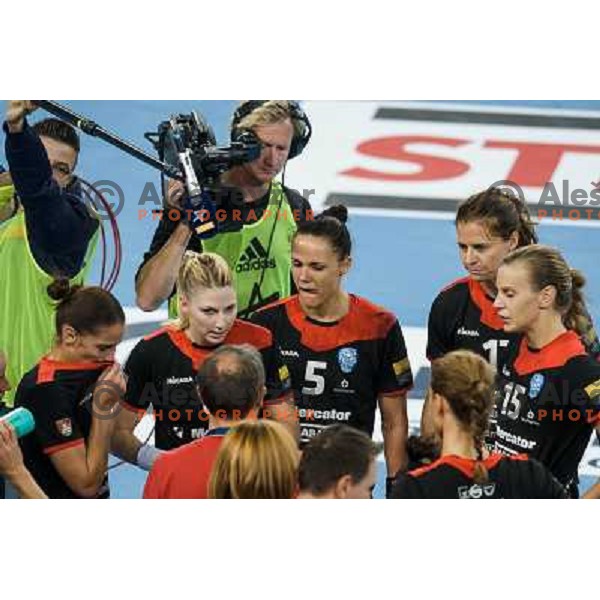 Krim players during handball match Krim Mercator - IK Savehof in EHF Women\'s Champions league, played in Arena Stozice, Ljubljana, Slovenia on October 05, 2013 