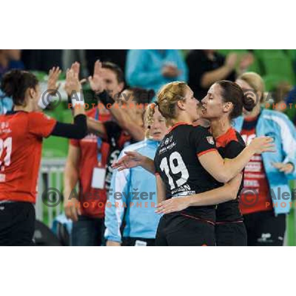 Neli Irman, Andjela Bulatovic in action during handball match Krim Mercator - IK Savehof in EHF Women\'s Champions league, played in Arena Stozice, Ljubljana, Slovenia on October 05, 2013 