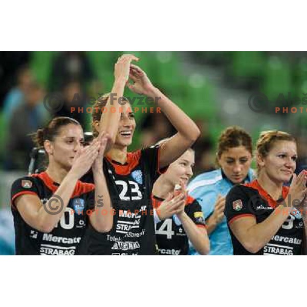 Andjela Bulatovic, Andrea Penezic in action during handball match Krim Mercator - IK Savehof in EHF Women\'s Champions league, played in Arena Stozice, Ljubljana, Slovenia on October 05, 2013 