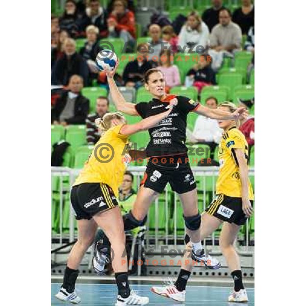 Andjela Bulatovic in action during handball match Krim Mercator - IK Savehof in EHF Women\'s Champions league, played in Arena Stozice, Ljubljana, Slovenia on October 05, 2013 
